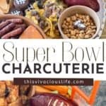 Super Bowl charcuterie board with football summer sausage and more pin