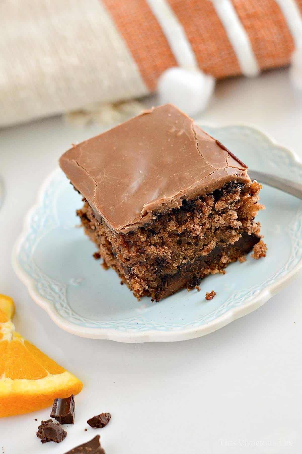 Chocolate Orange Cake on a blue plate