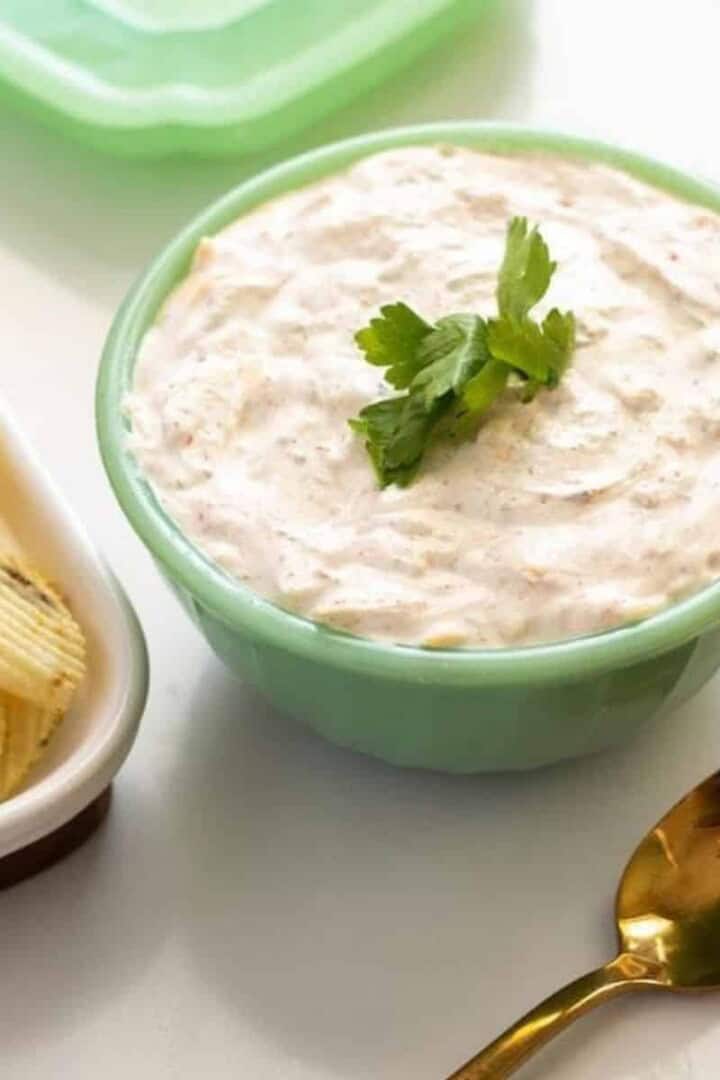 sour cream chip dip in jadeite bowl