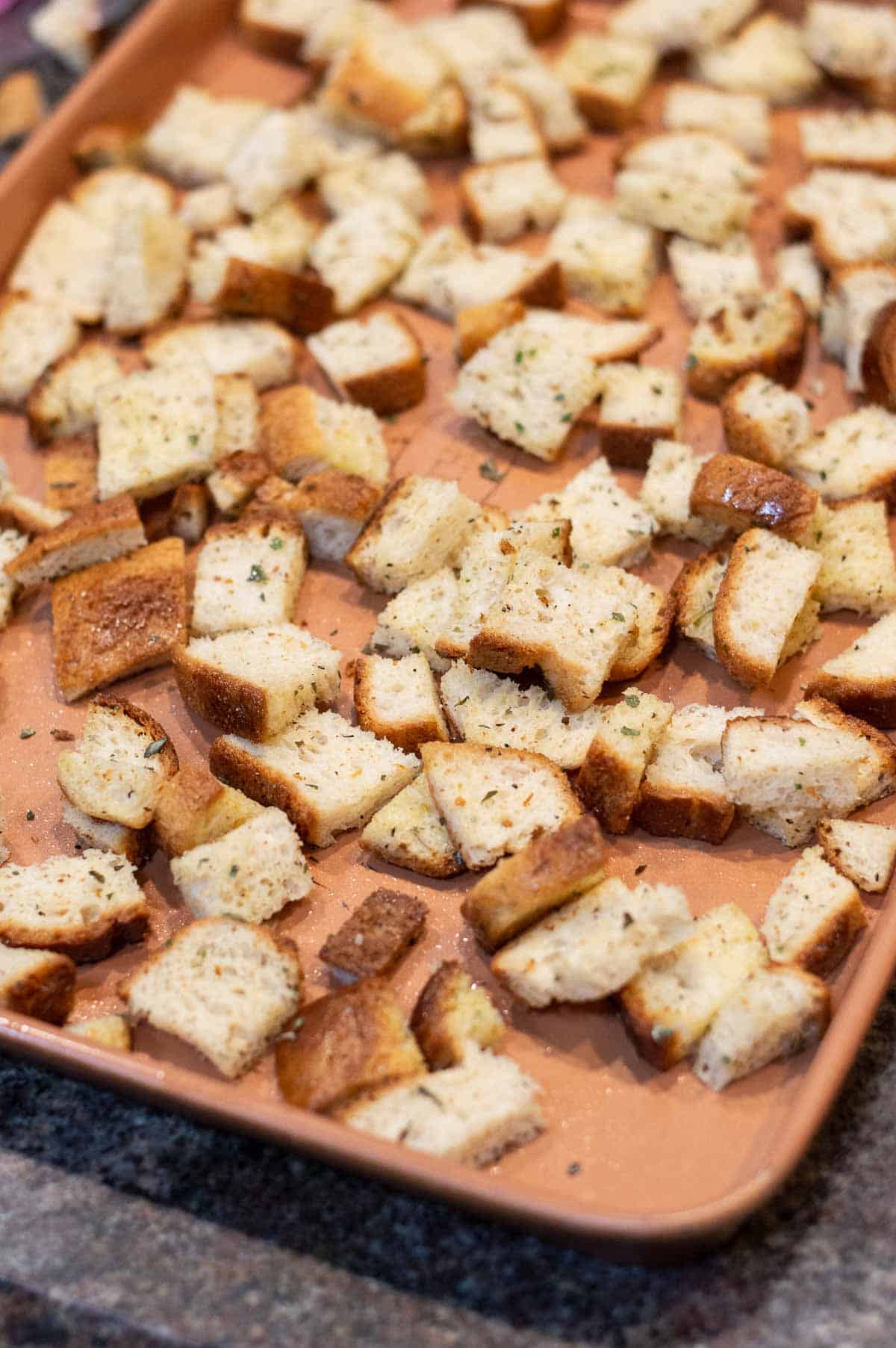 Gluten-Free Croutons on a baking sheet