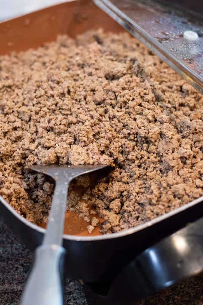 ground beef in a large frying pan