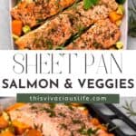 sheet pan salmon and veggies on a tray with fresh herbs Pinterest pin