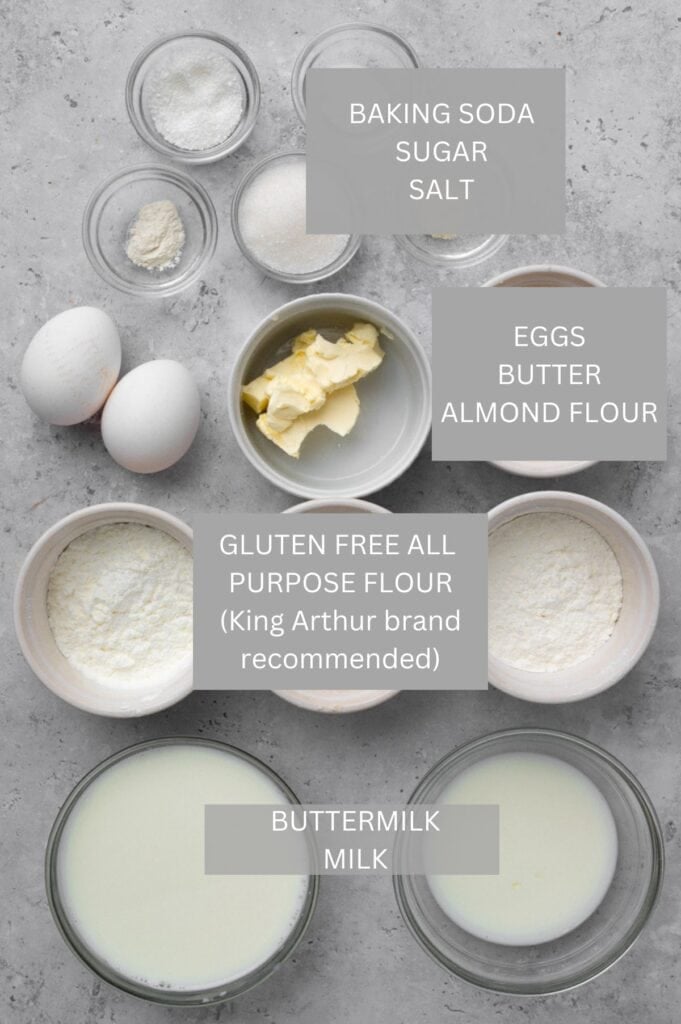 Photo of 15-Minute Fluffy Gluten Free Pancakes  ingredients in bowls labeled 