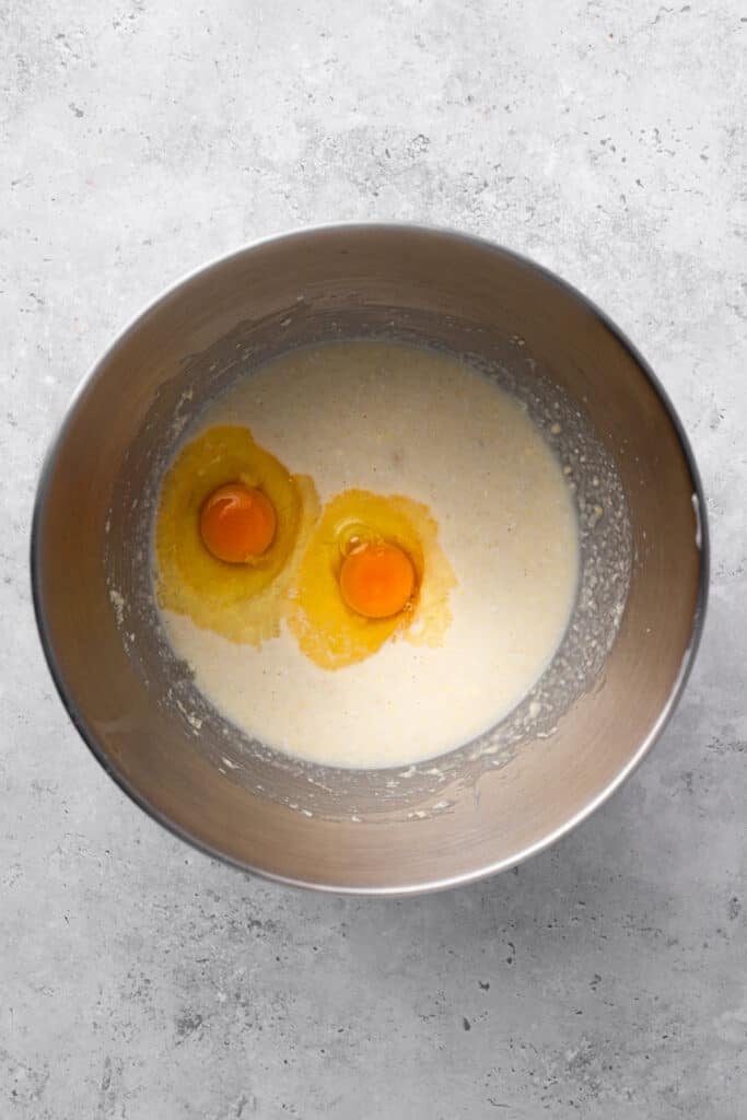gluten free pancake batter in a bowl with eggs