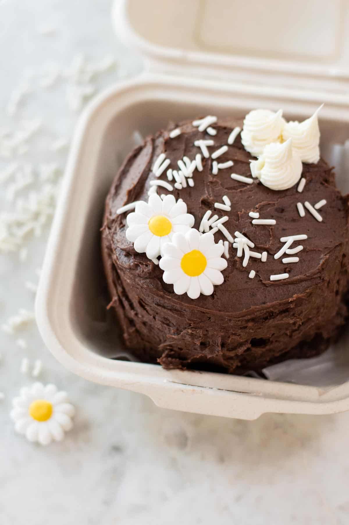 Bento Cake with chocolate frosting in a takeout box