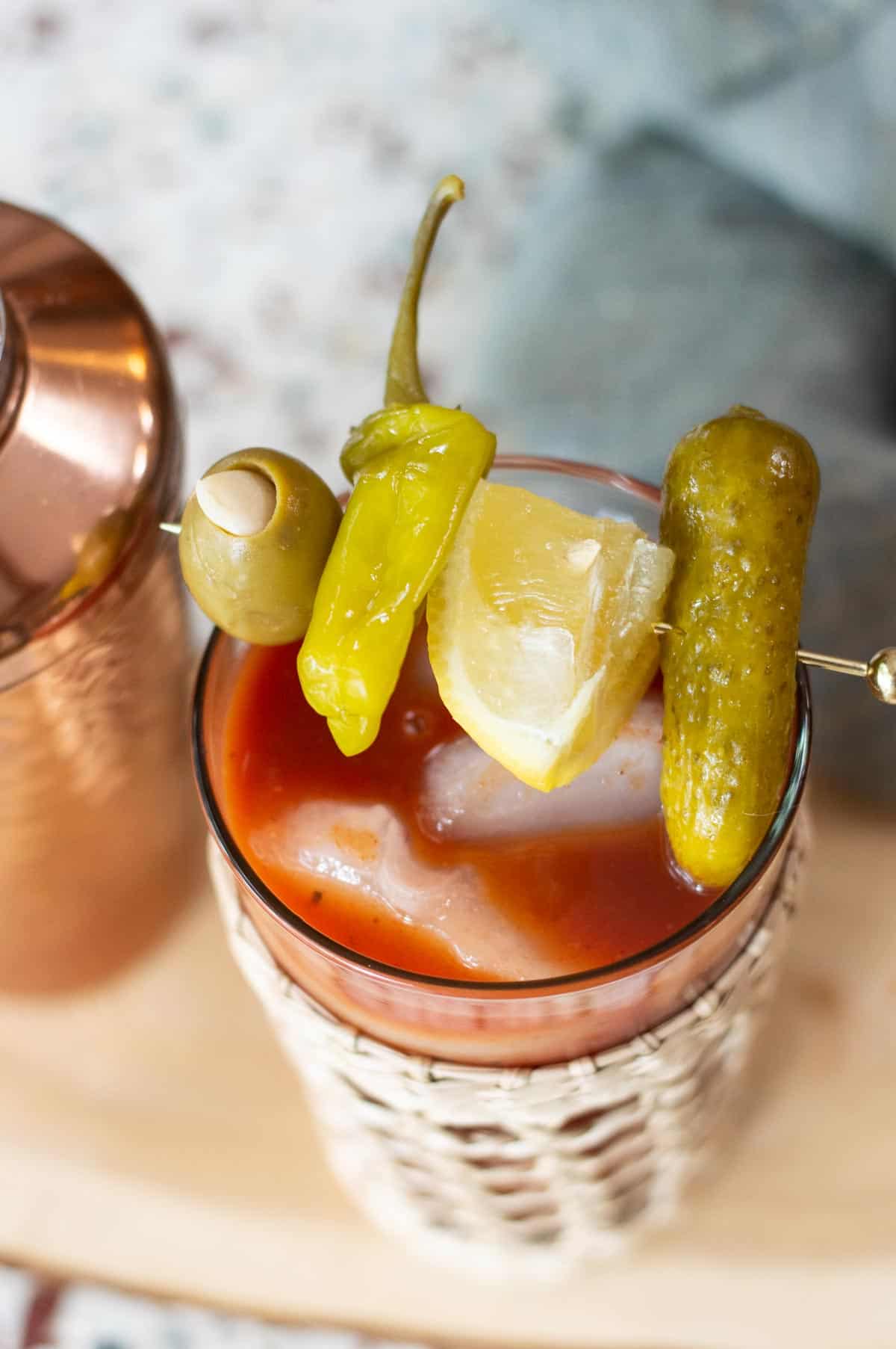 House made Bloody Mary cocktail mixture from vegetables in pitcher