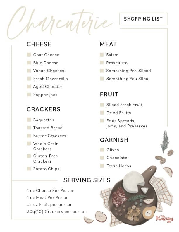 We are sharing our charcuterie board shopping list printable with you so you can make the best charcuterie board with ease! This printable is too cute and has everything you need to make the perfect charcuterie board.