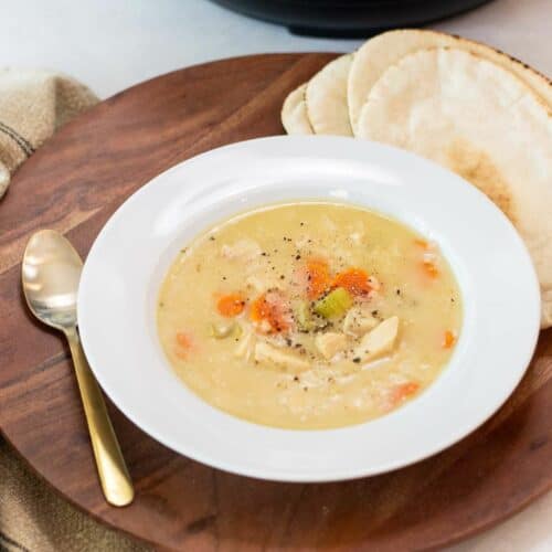 Instant Pot Chicken Noodle Soup in a white bowl