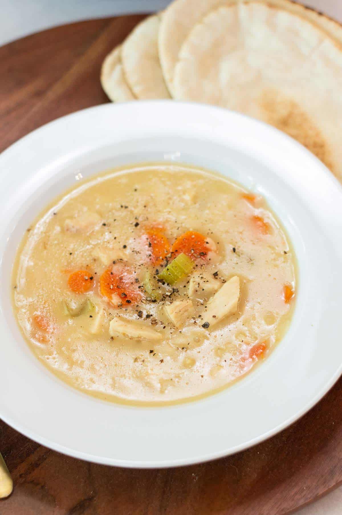 Instant Pot Chicken Noodle Soup in a white bowl