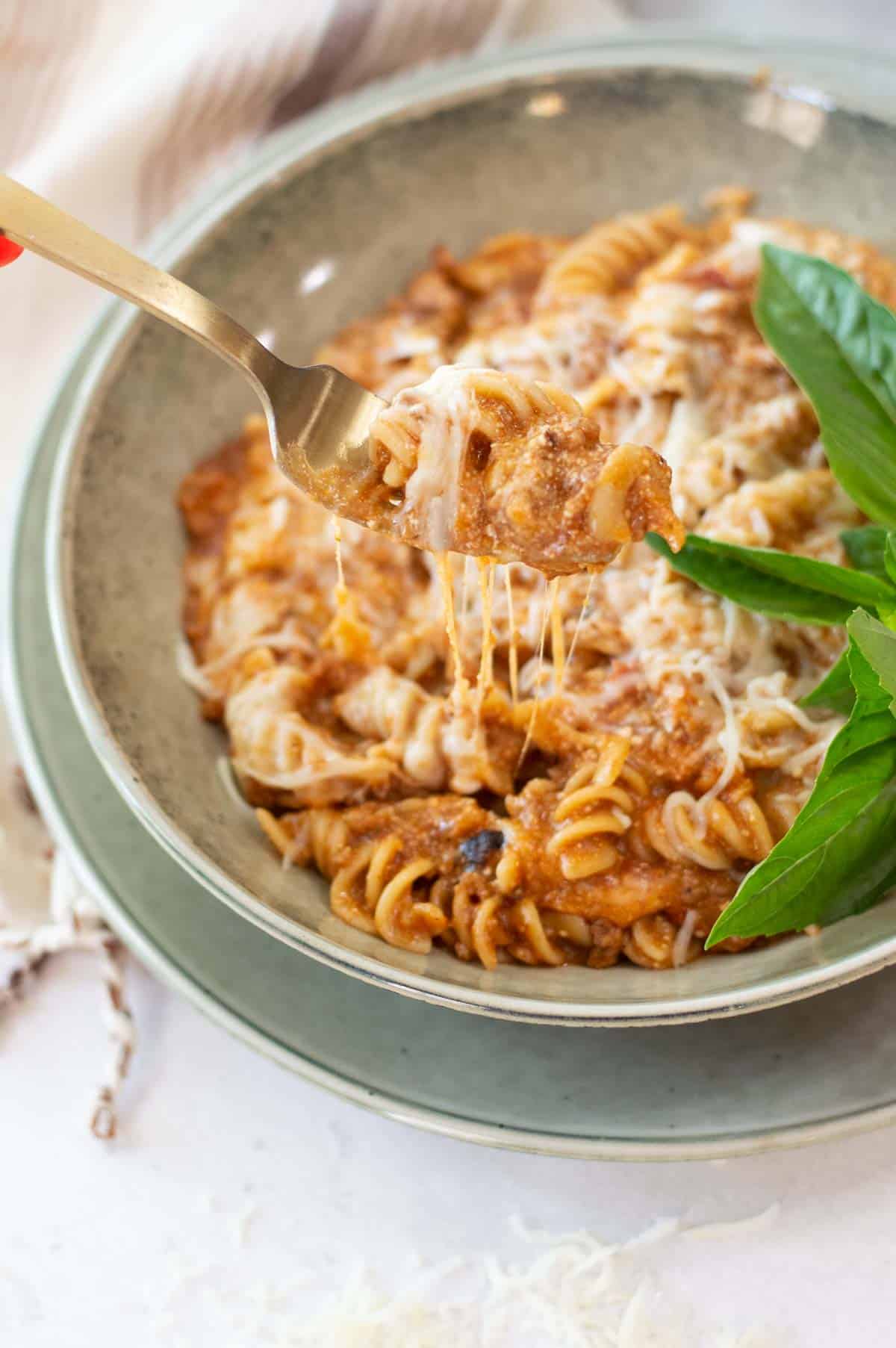 Easy instant pot lasagna recipe on a fork