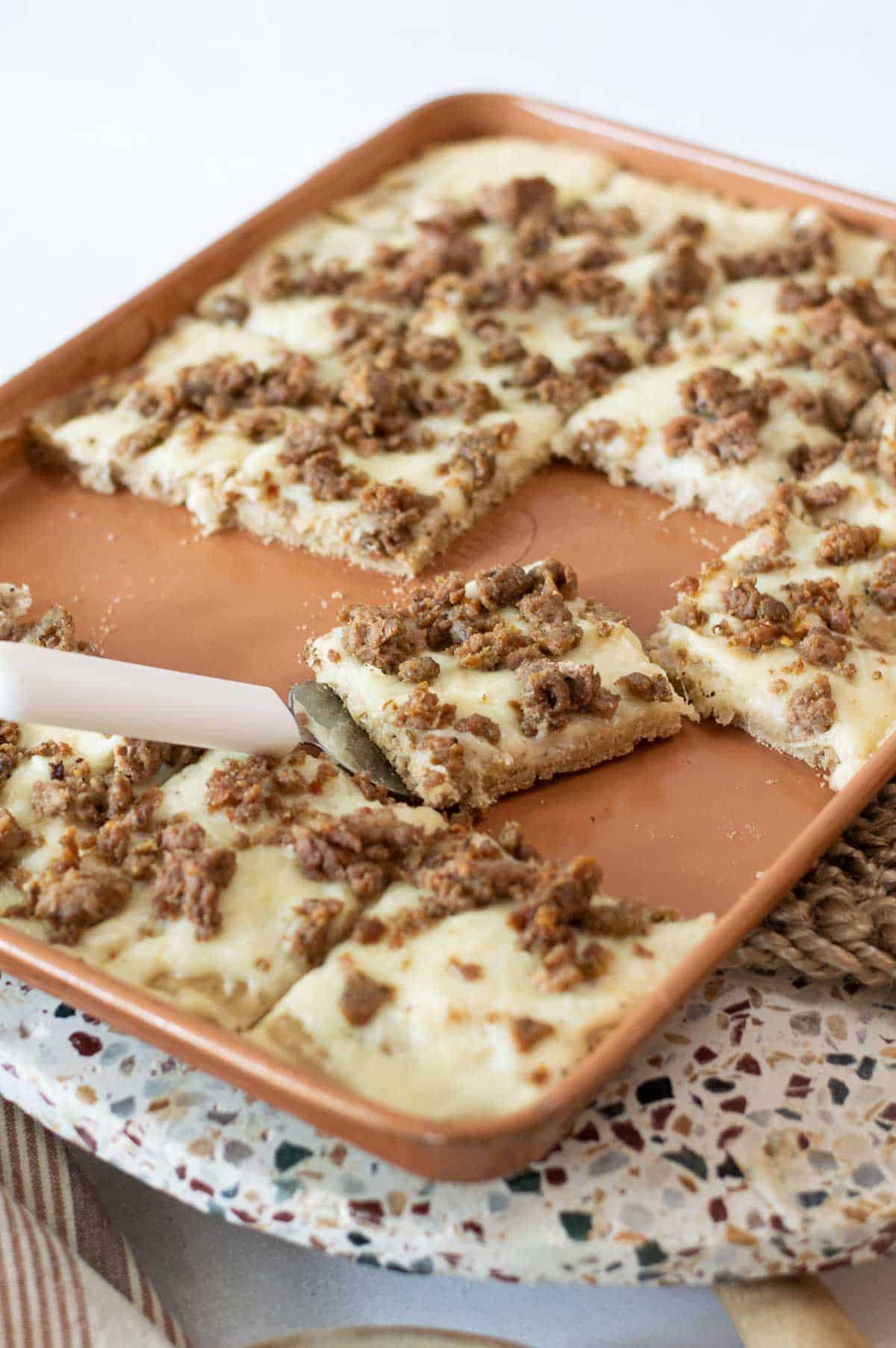 School breakfast pizza on a sheet pan