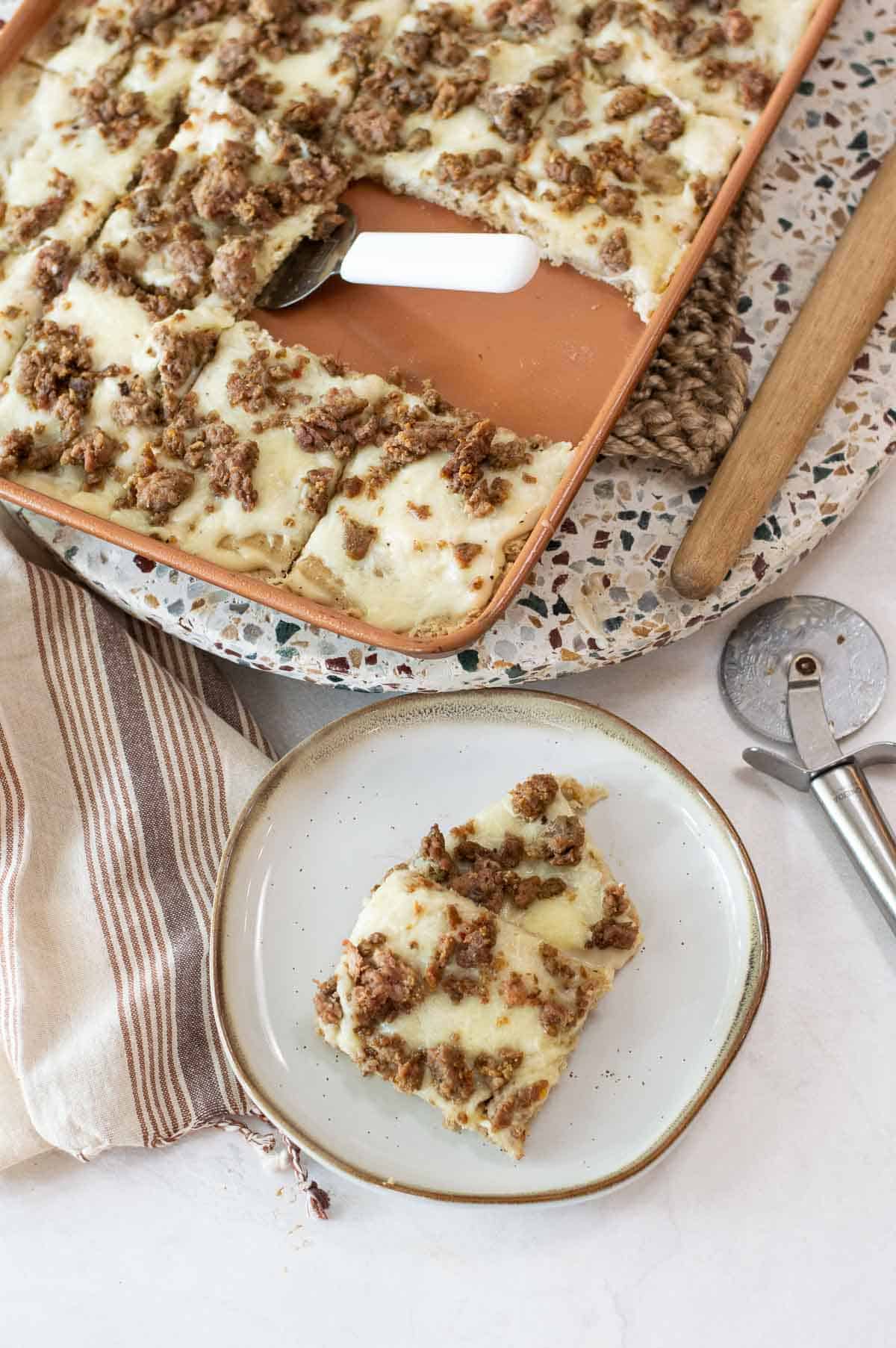 School breakfast pizza on a sheet pan