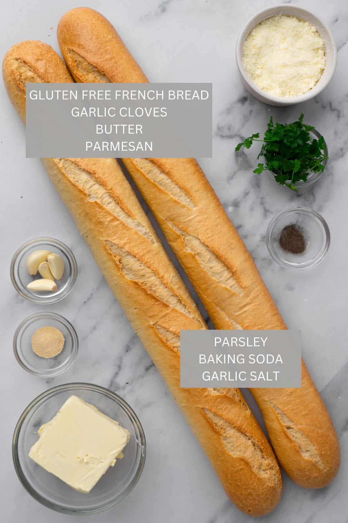 gluten free garlic bread ingredients on a marble board