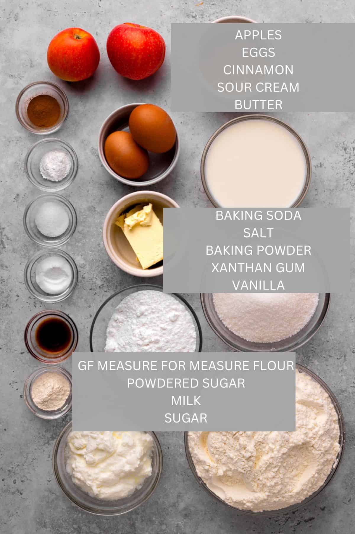 gluten free apple fritter ingredients in a bowl and labeled in an image with layers.