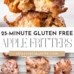 Two fluffy fried gluten free apple fritters with a glaze stacked on top of each other with the inside texture showing. and others on a baking rack made into a Pinterest style pin image.