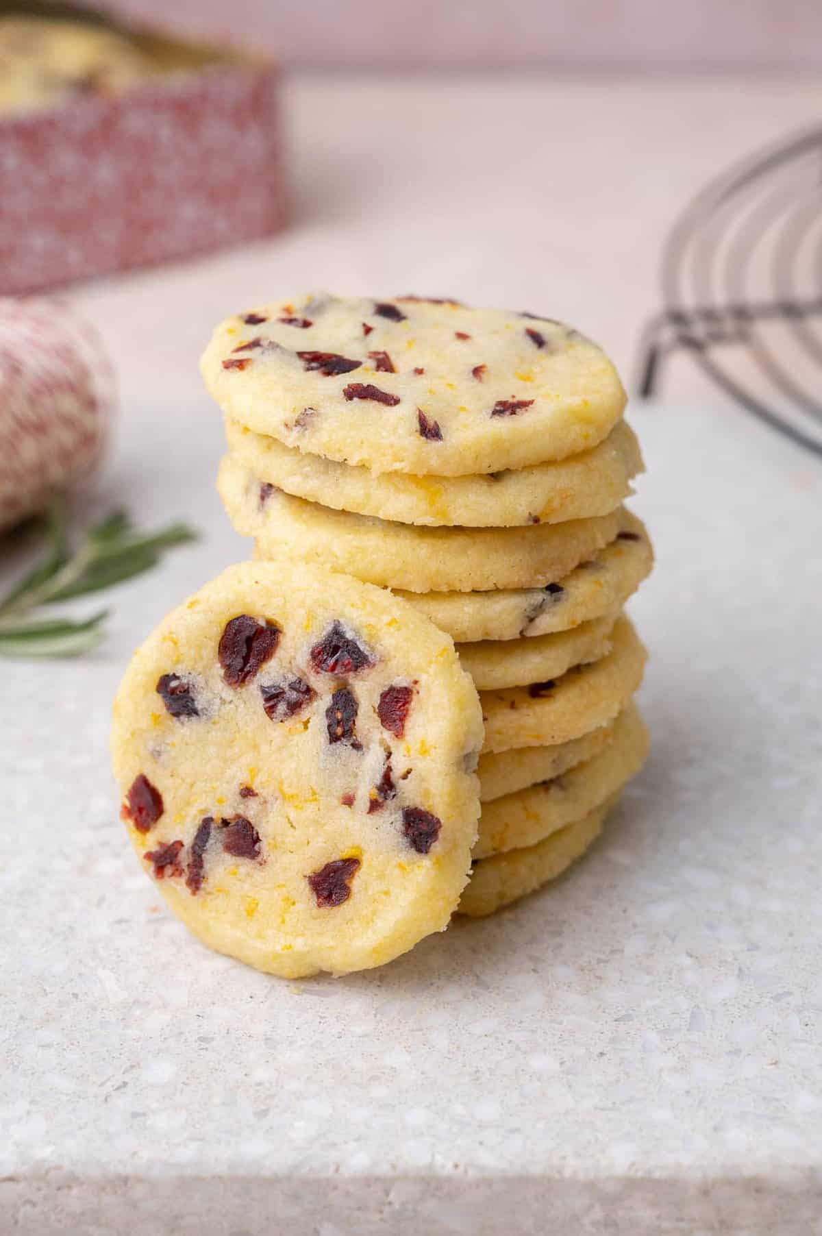Cranberry shortbread cookies in a stack