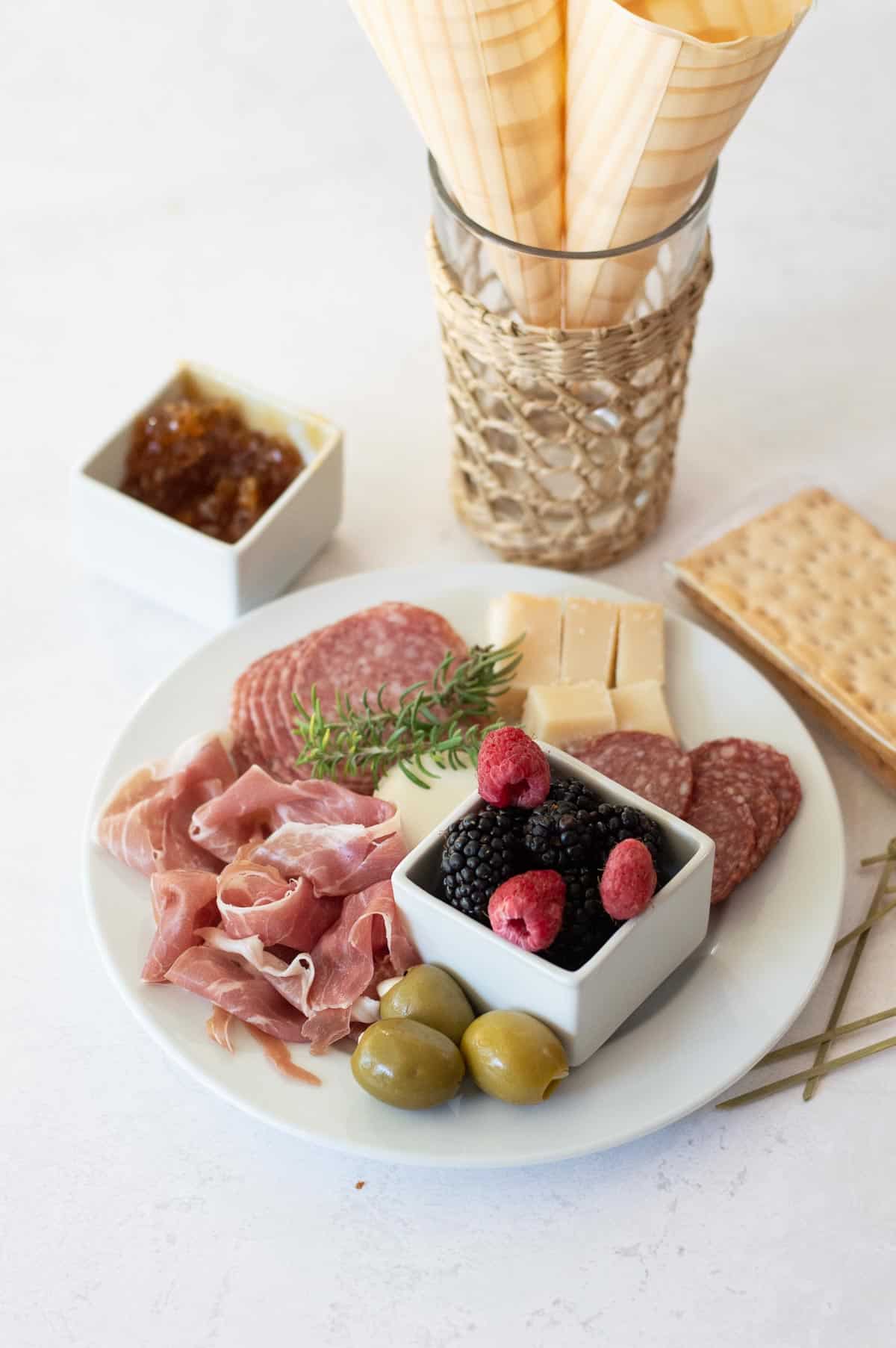 Charcuterie Cones ingredients on a plate
