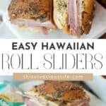 Hawaiian roll sliders on their side in a Pinterest pin image