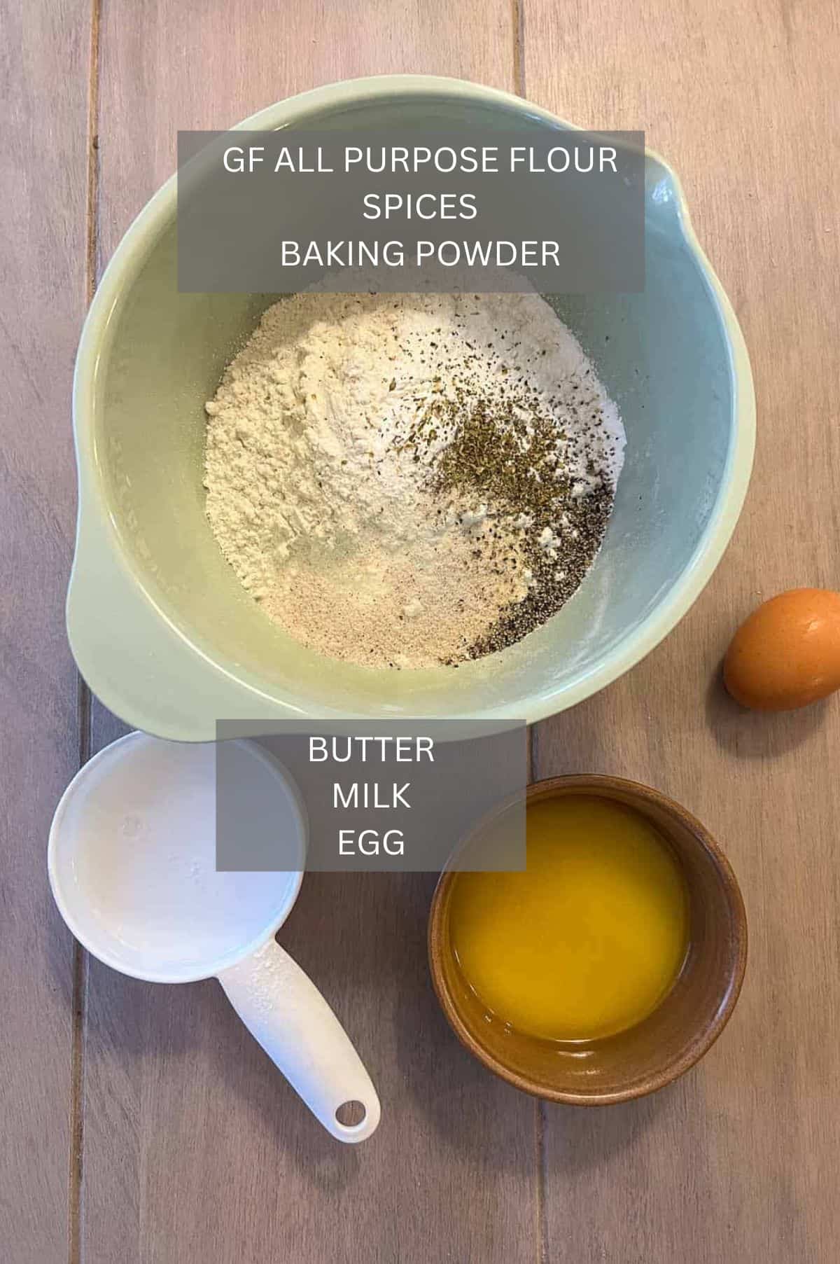 20-minute gluten free dumplings ingredients include gf flour with spices and baking powder, egg, milk and butter.