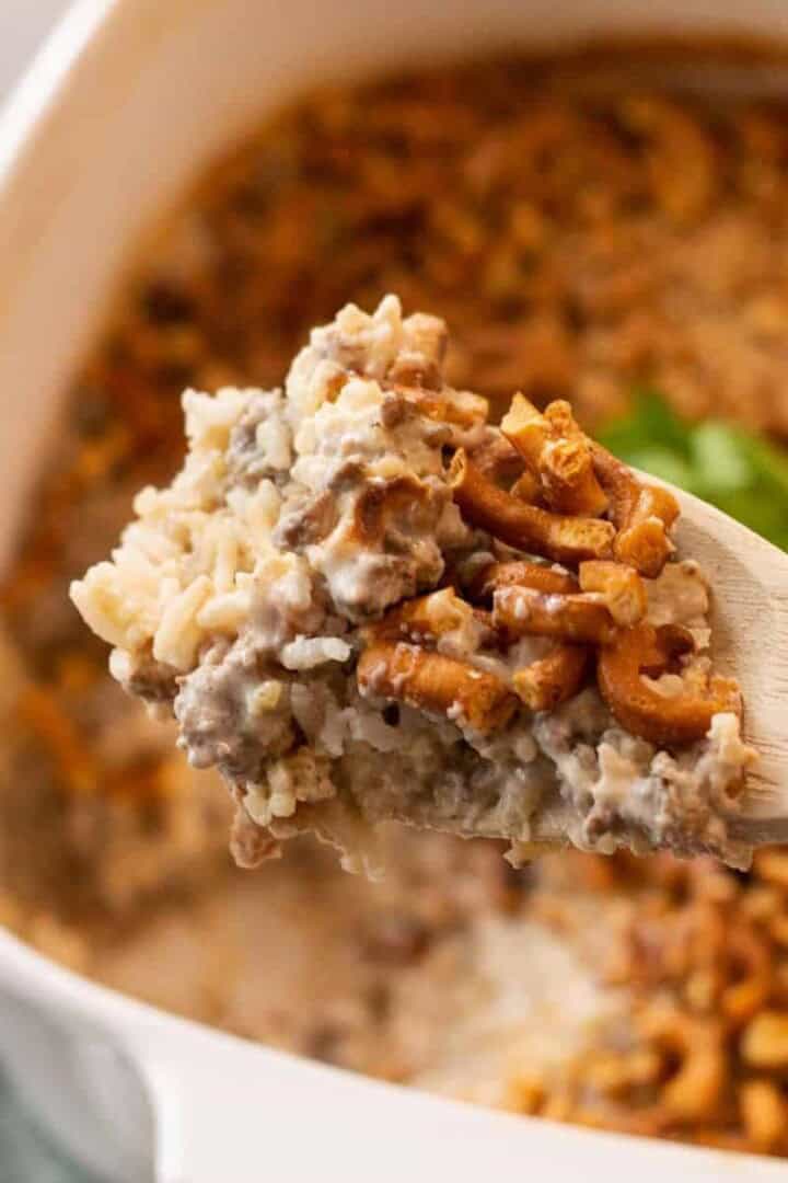 Chinese Noodle Casserole in a dish and on a spoon