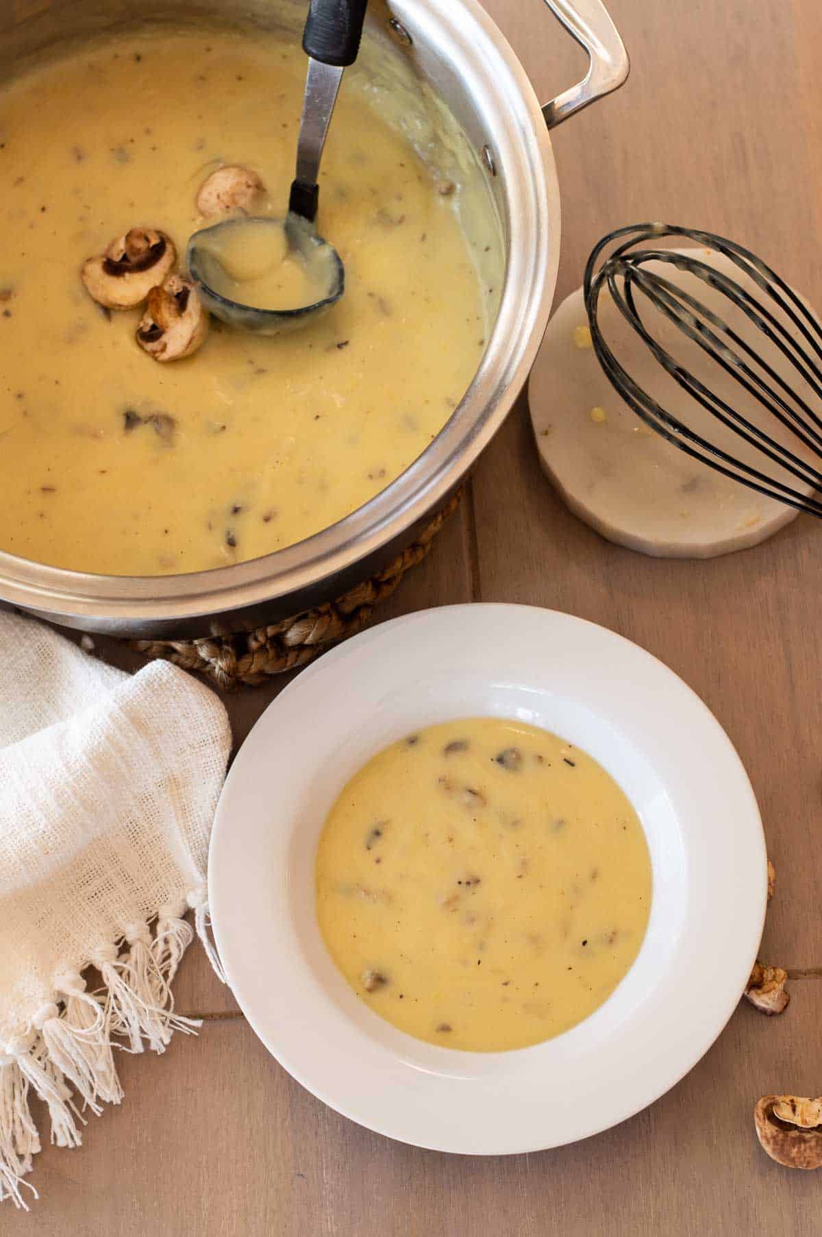 Gluten Free Cream of Mushroom Soup in a bowl and pot