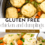 collage image of gluten free chicken and dumplings with title