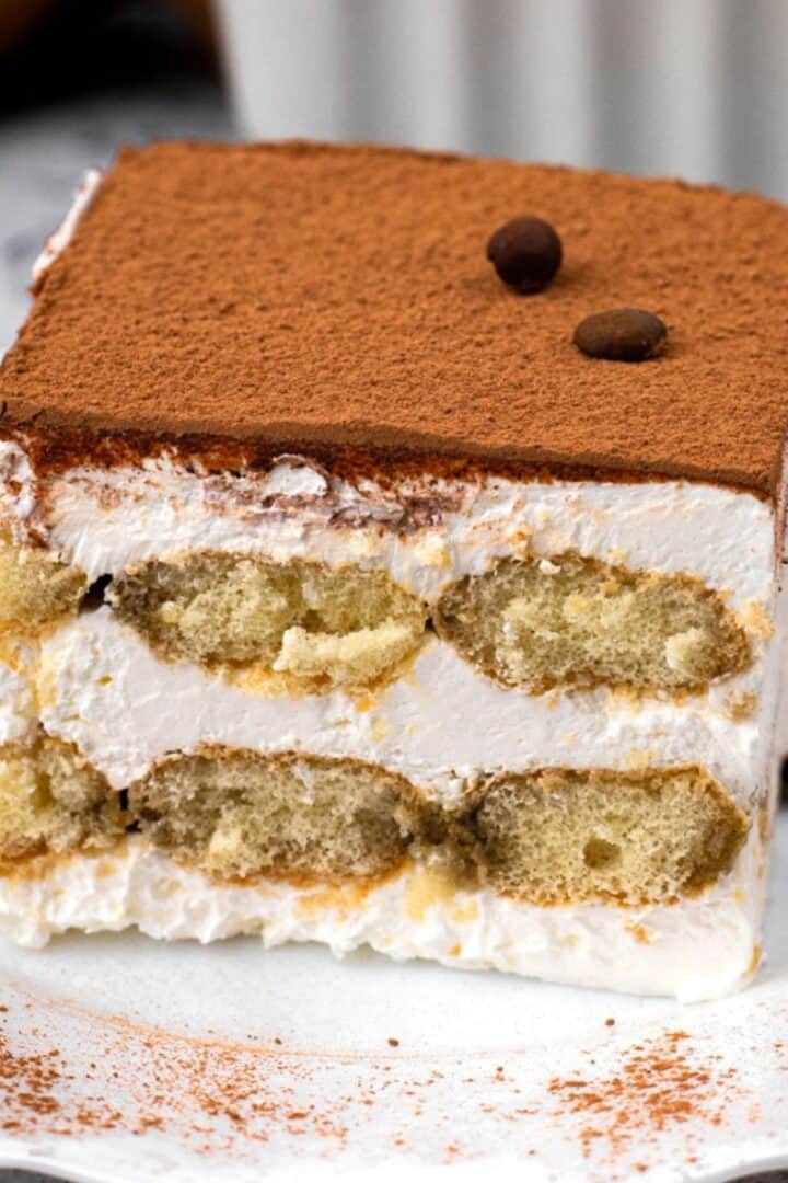 Easy 15-Minute Gluten Free Tiramisu square slice on a plate