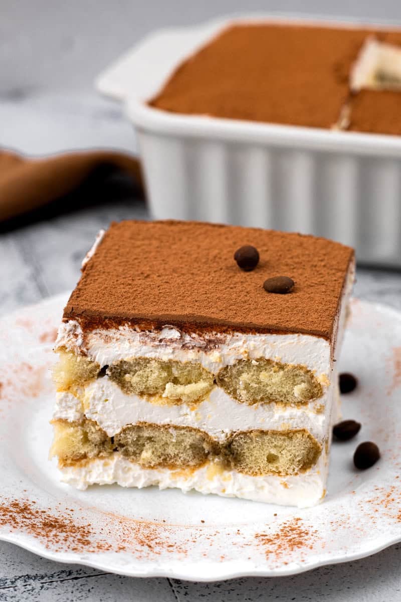 Easy 15-Minute Gluten Free Tiramisu square slice on a plate