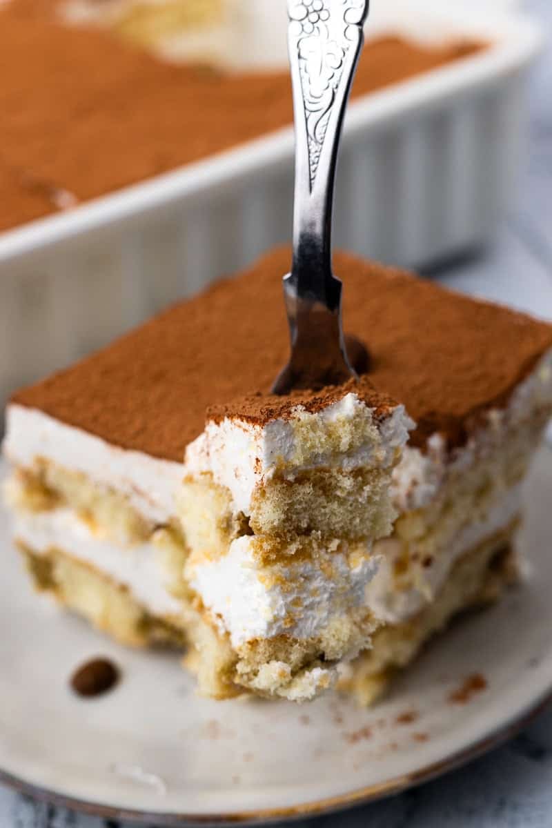 Easy 15-Minute Gluten Free Tiramisu slice with a fork getting a piece out