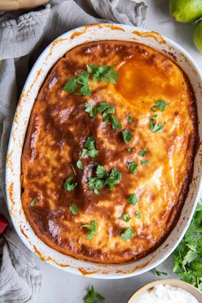 Tamale pie in a white baking dish