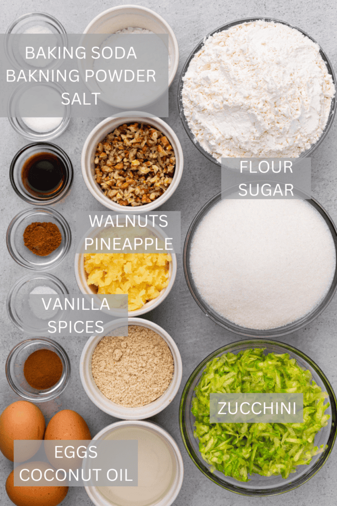 top down image of ingredients for gluten free zucchini bread with labels over each ingredient