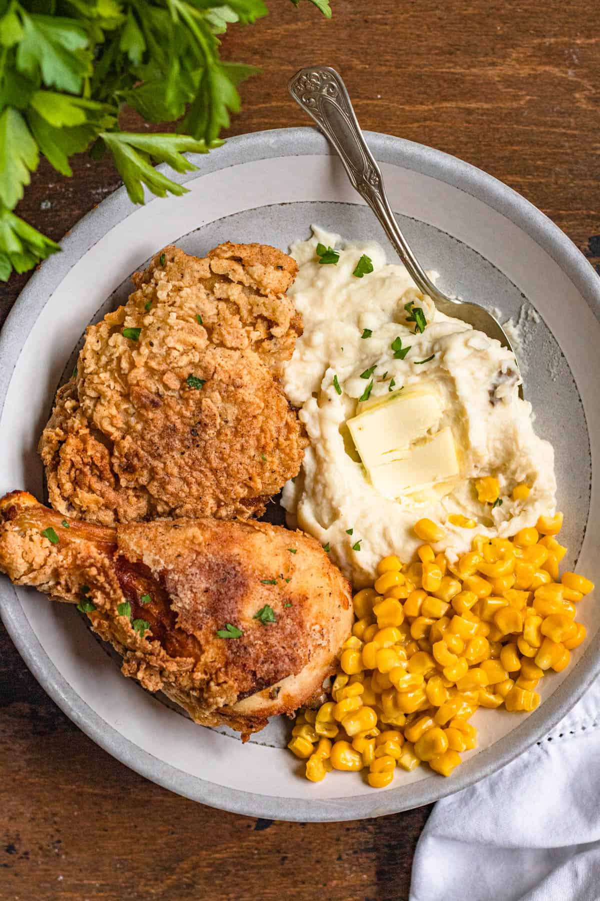 Gluten Free Fried Chicken Recipe on a plate with mashed potatoes