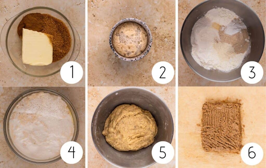 Images of Steps one through six of the process to make gluten-free cinnamon rolls, including mixing the filling of brown sugar, butter and cinnamon, yeast mixture, a bowl of dry ingredients, the full dough, and the rectangle of butter and brown sugar mixture.