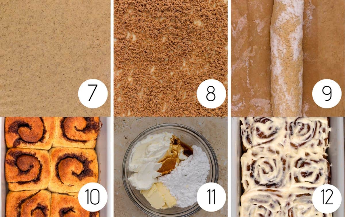 Images of steps seven through twelve to make gluten-free cinnamon rolls, including the rolled out dough, dough with cinnamon mixture on top, the dough rolled into a long cylinder, the baked rolls, the frosting ingredients in a glass bowl, and the finished frosted gluten-free cinnamon rolls in a white baking dish.