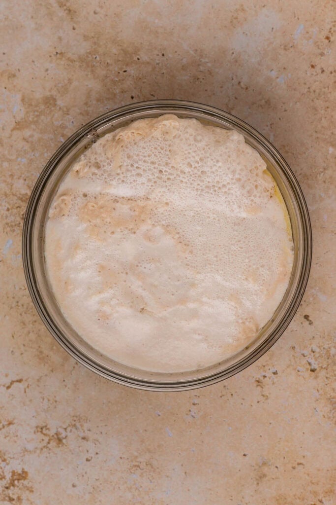 Dry cinnamon roll ingredients in a bowl and then mixed with wet ingredients as well.