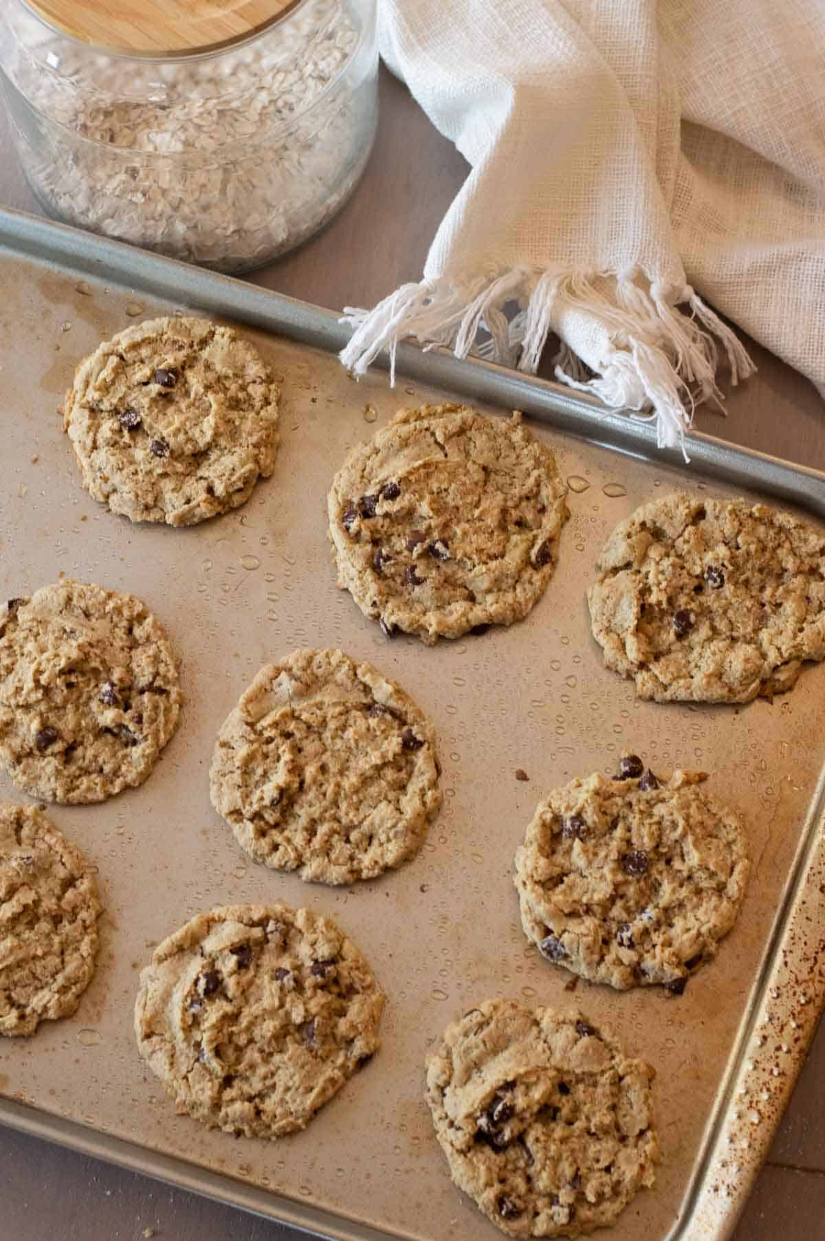 vegan oatmeal chocolate chip cookies on a baking sheet