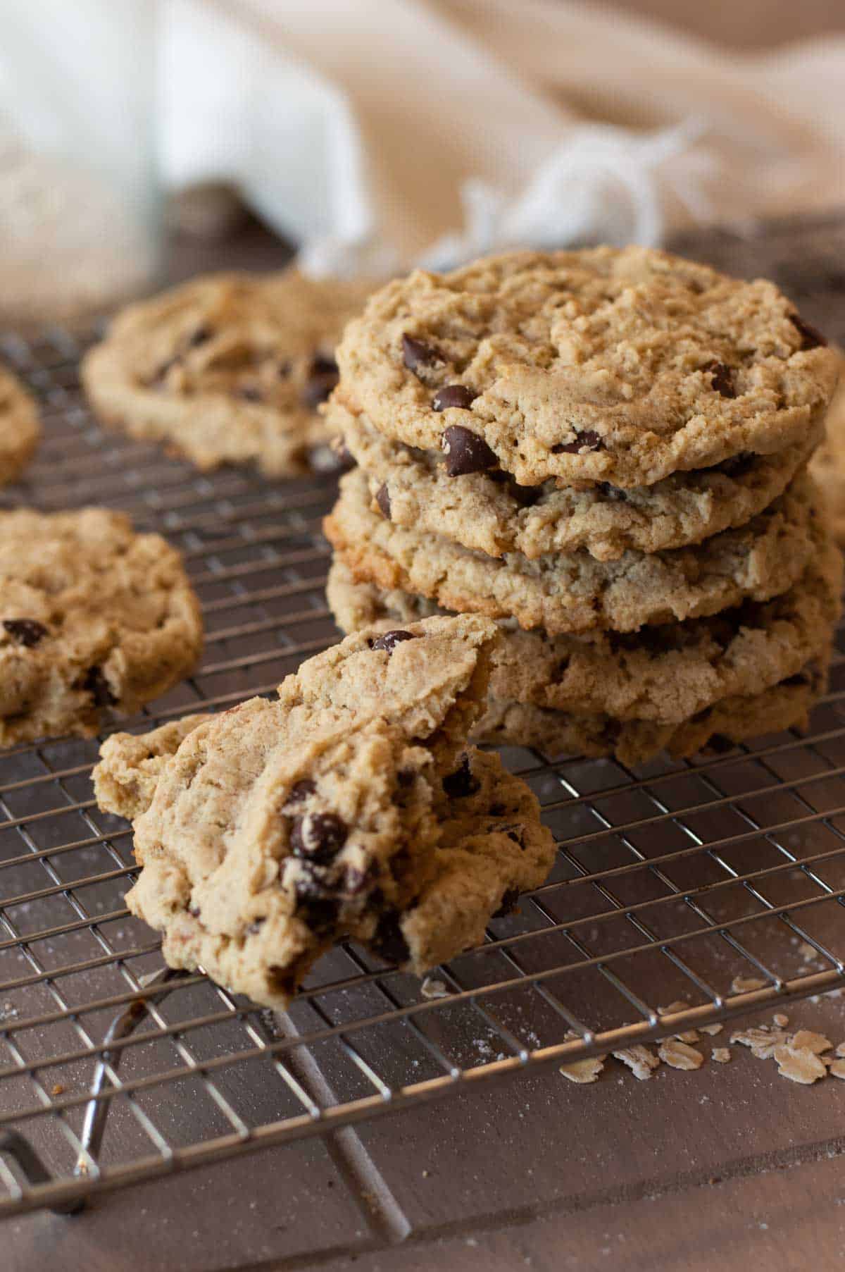 vegan oatmeal chocolate chip cookies in a stack