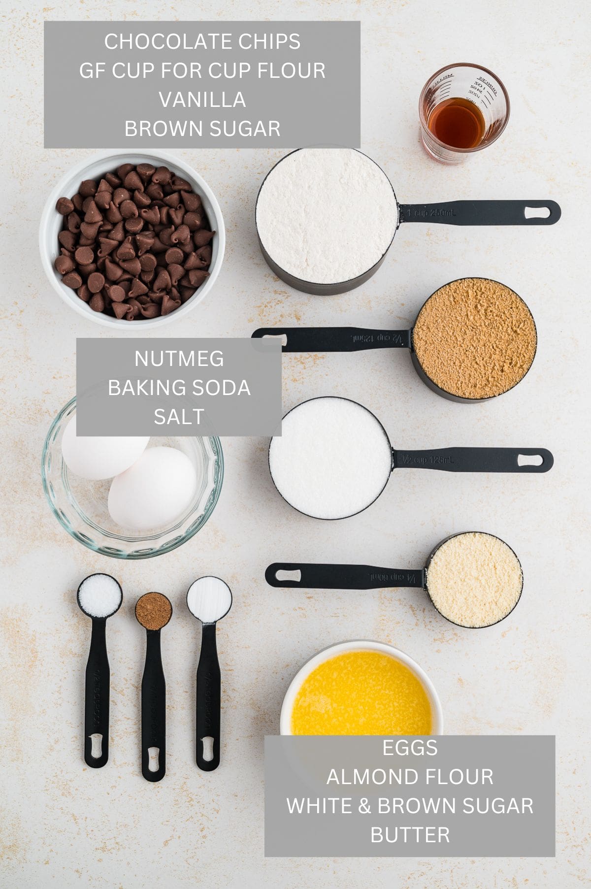 Gluten Free Chocolate Chip Cookies ingredients in cups and measuring spoons