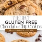 Gluten free chocolate chip cookies on a plate with chocolate chips off the plate by the side and milk in the background.