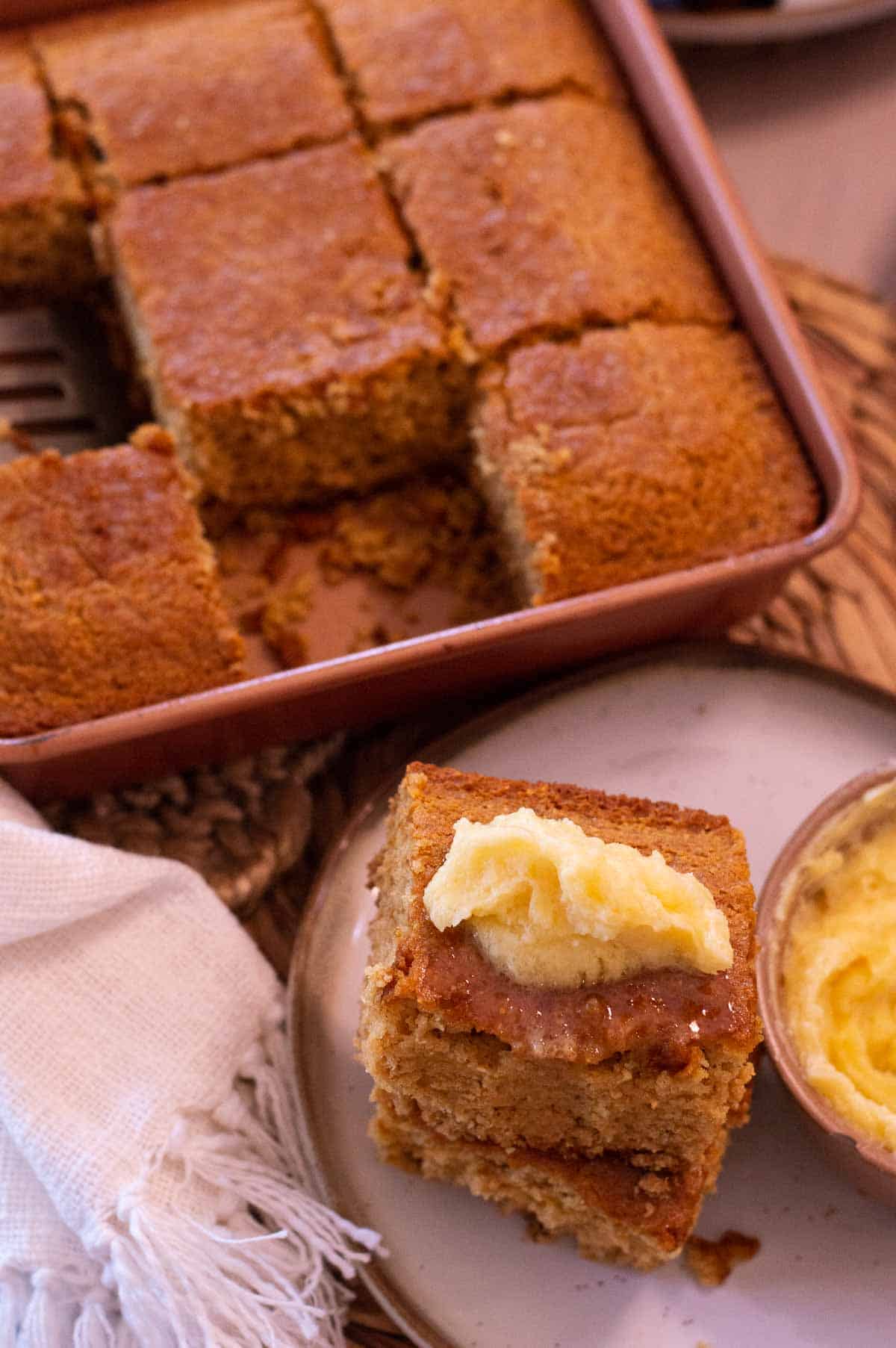 cornbread in a pan and then stacked