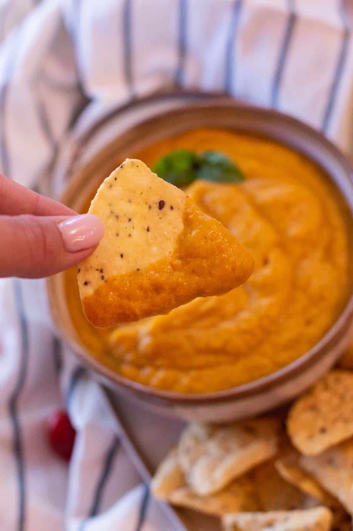Instant Pot Vegan Queso on a chip