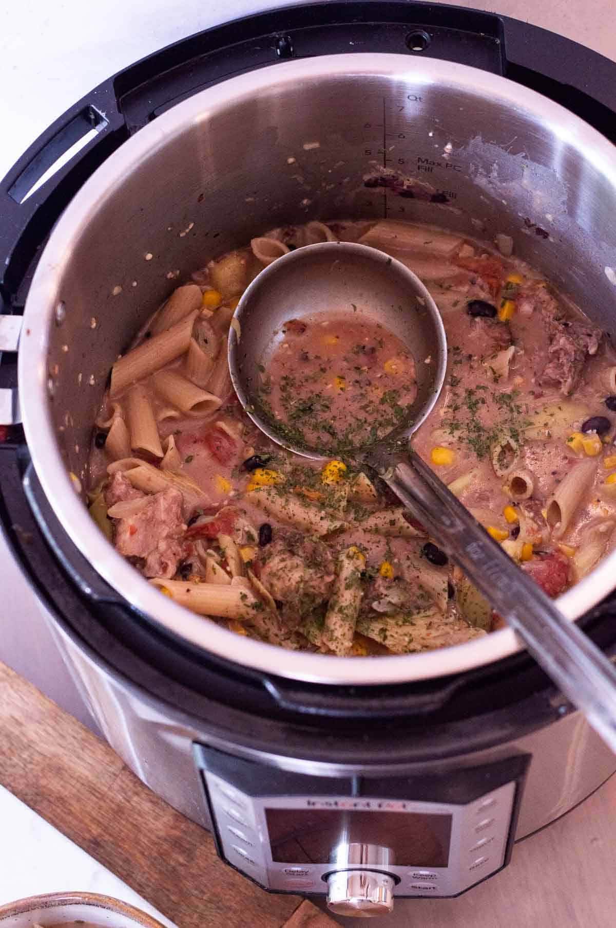 pulled pork pasta in a pot