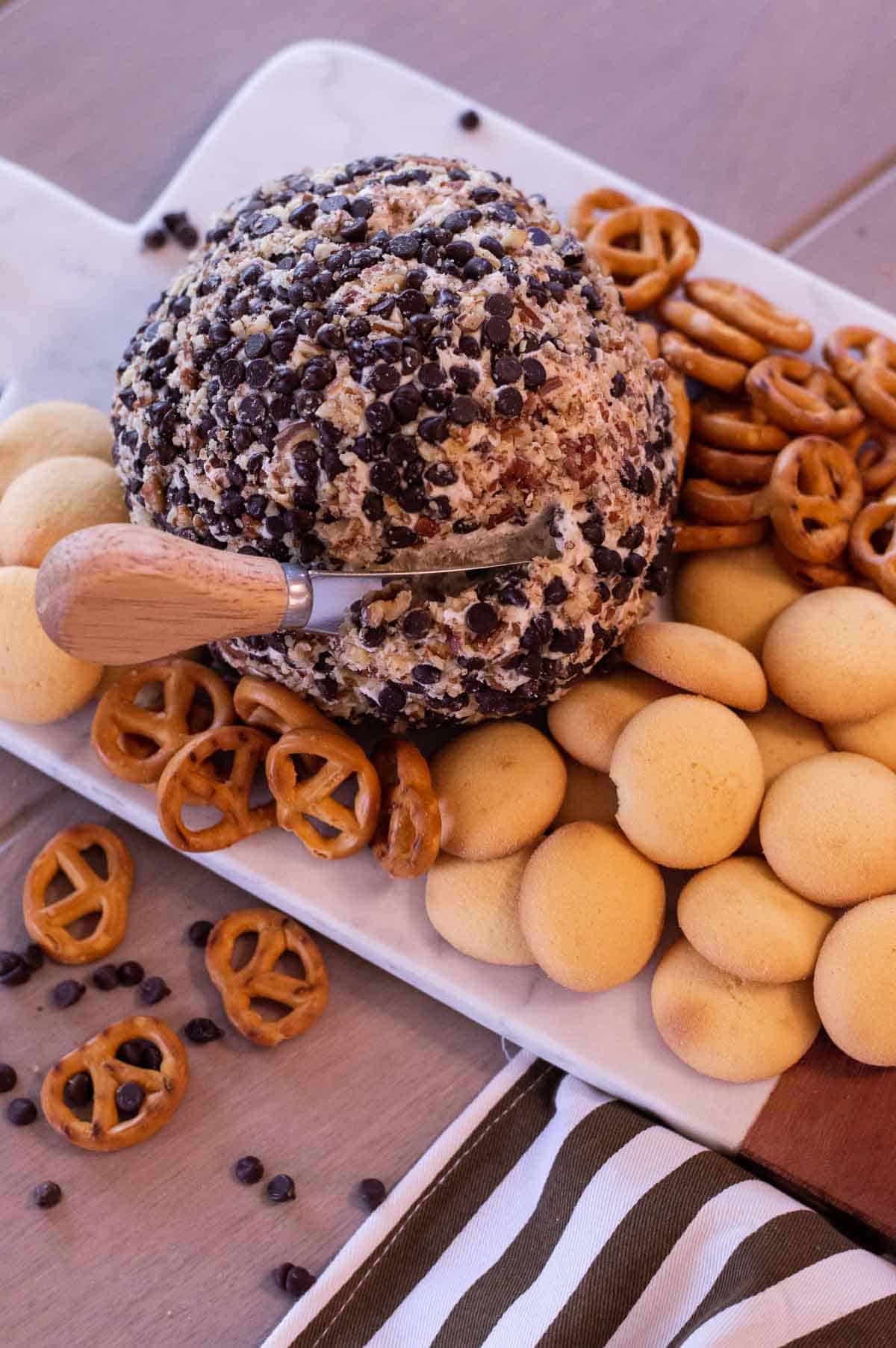 Chocolate Chip Cheeseball with cookies and pretzels