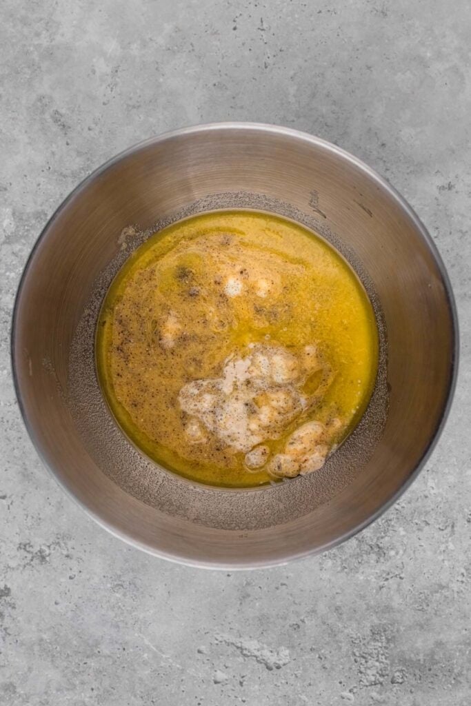 chia seed, egg and dry ingredients mixture in a bowl for gluten free crescent rolls