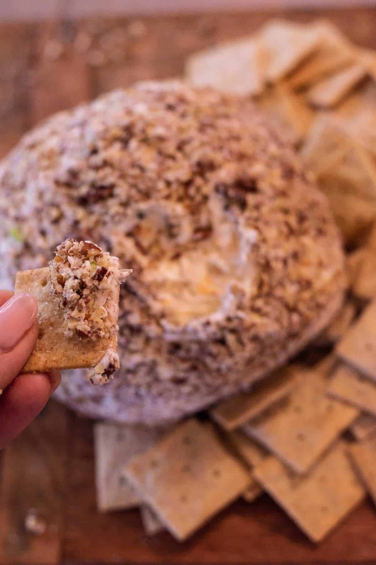 Easy Pineapple Cheeseball on a cracker