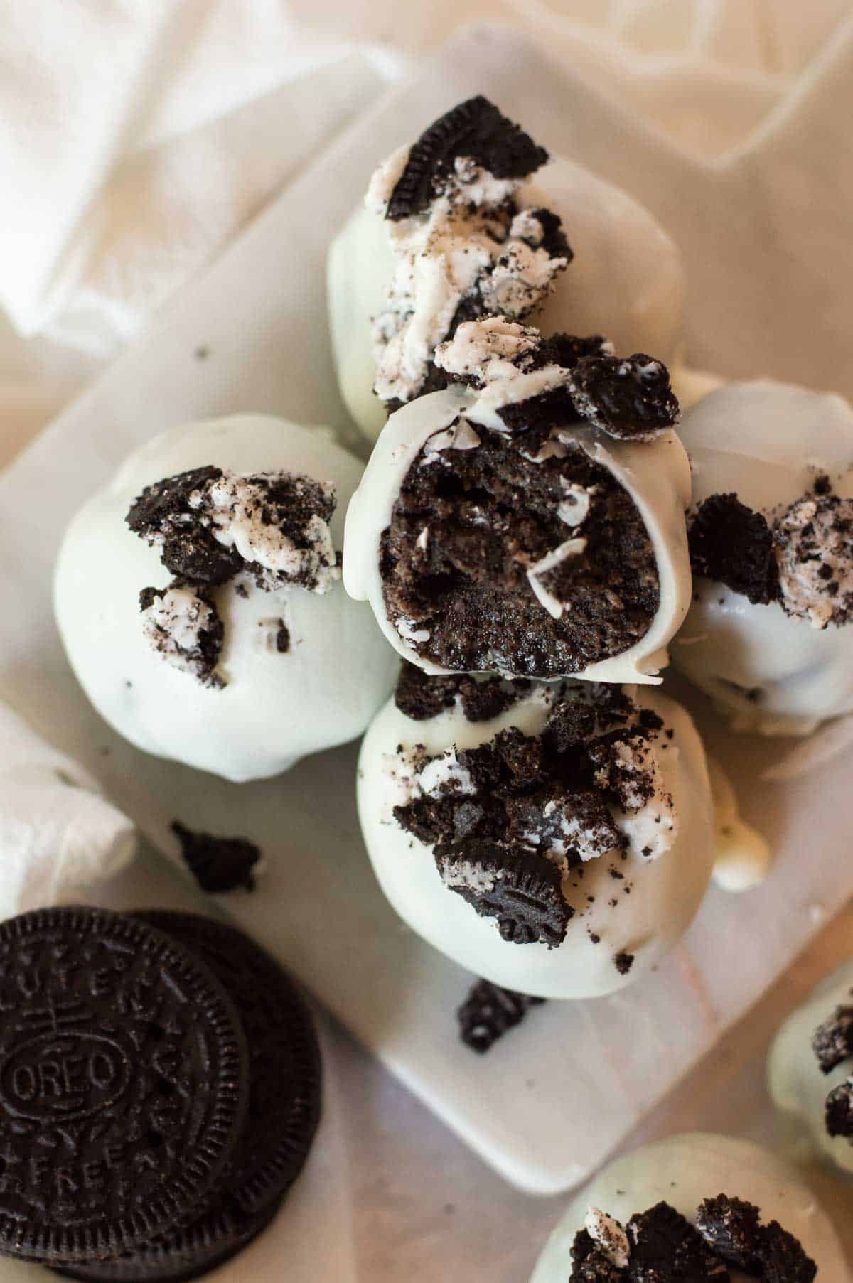 Gluten Free Oreo Balls on a marble plate