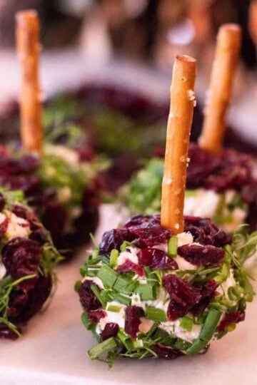 Mini Cheeseballs with Pretzel Toothpicks