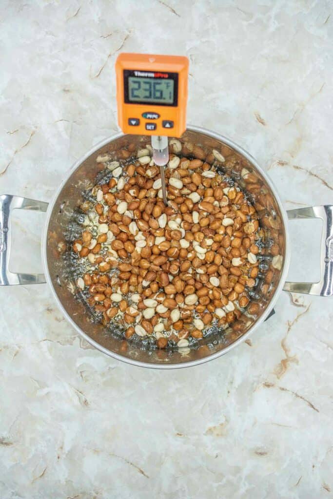 Gluten Free Peanut Brittle ingredients in a pot with candy thermometer