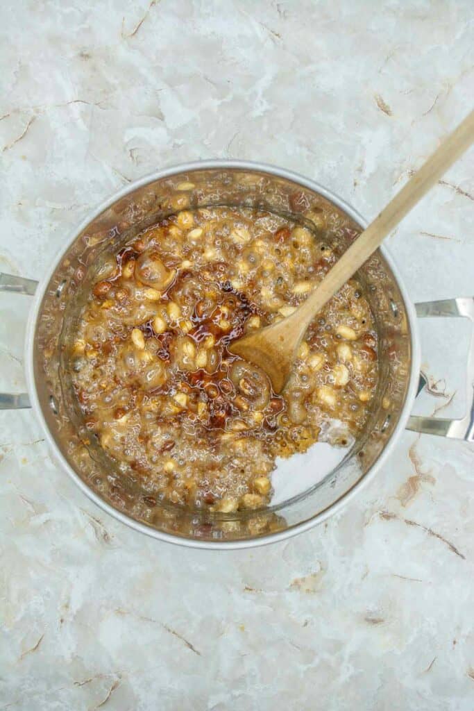Gluten Free Peanut Brittle being cooked in a pot