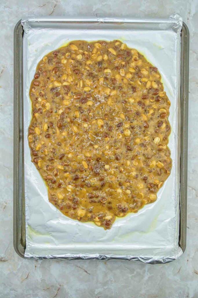 Gluten Free Peanut Brittle on a baking sheet